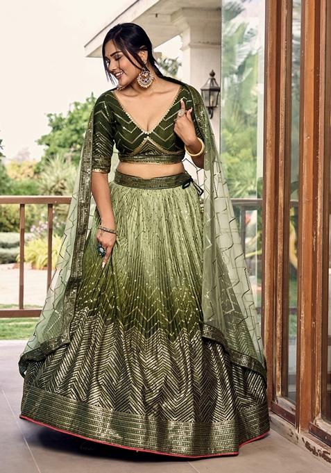 Green Embroidered Chinon Lehenga Set