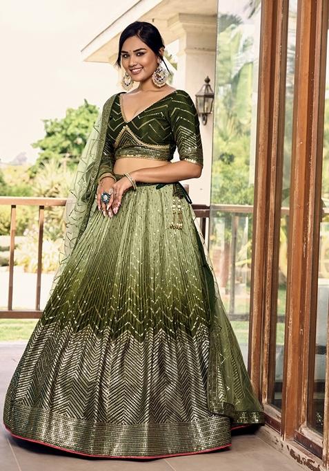 Green Embroidered Chinon Lehenga Set
