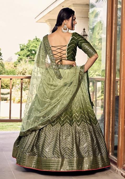 Green Embroidered Chinon Lehenga Set