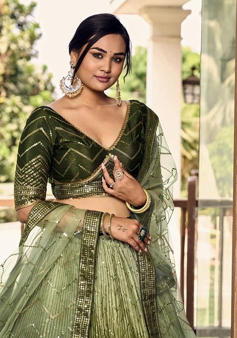 Green Embroidered Chinon Lehenga Set