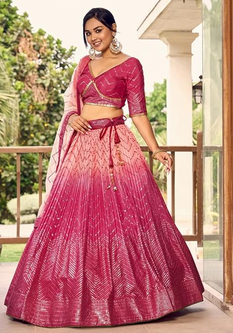 Pink Embroidered Chinon Lehenga Set