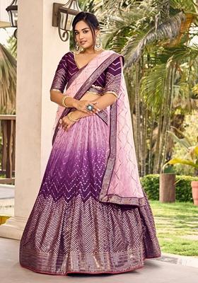 Purple Embroidered Chinon Lehenga Set