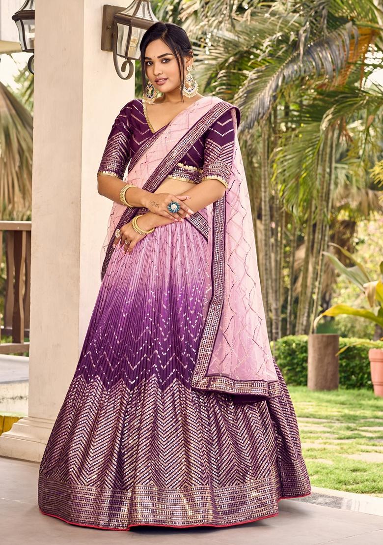 Purple Embroidered Chinon Lehenga Set