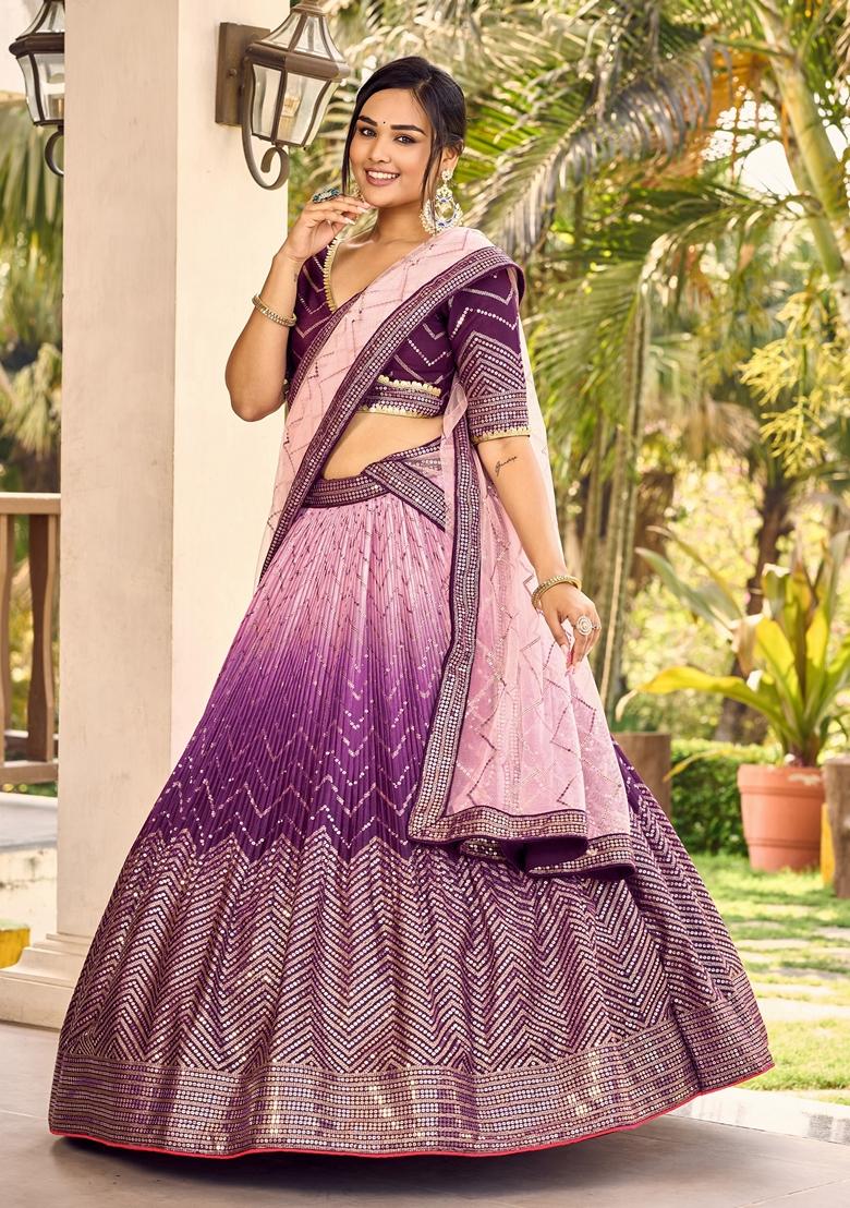 Purple Embroidered Chinon Lehenga Set