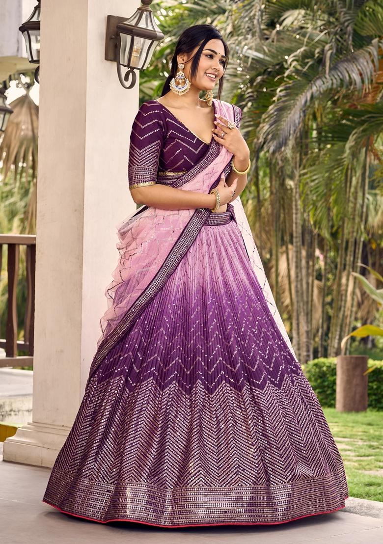 Purple Embroidered Chinon Lehenga Set