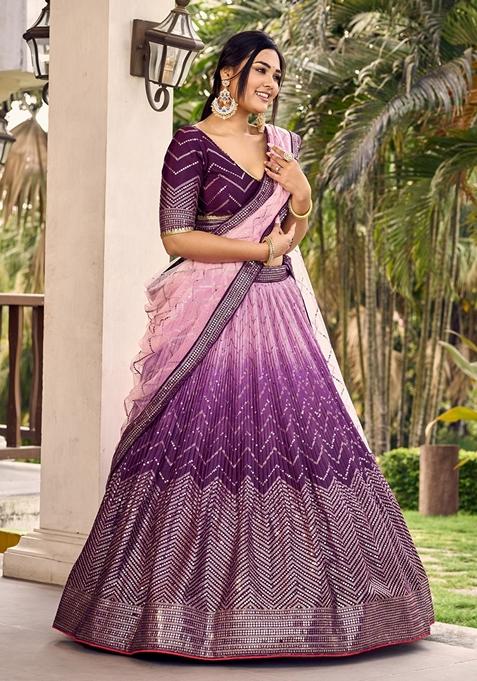 Purple Embroidered Chinon Lehenga Set