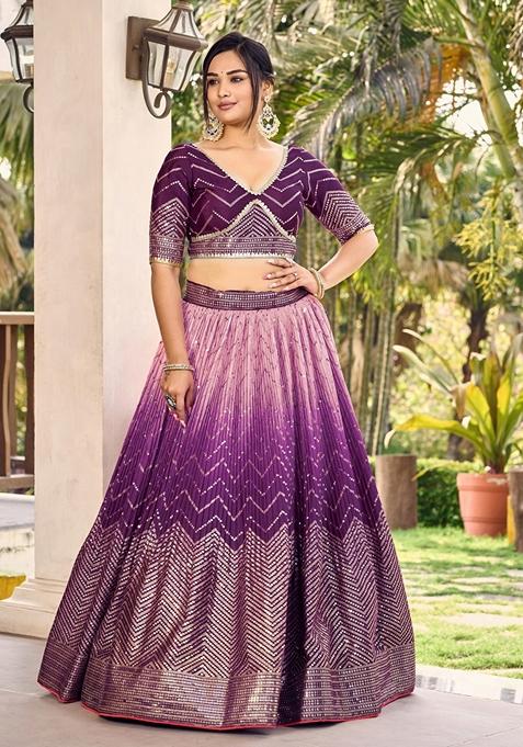 Purple Embroidered Chinon Lehenga Set