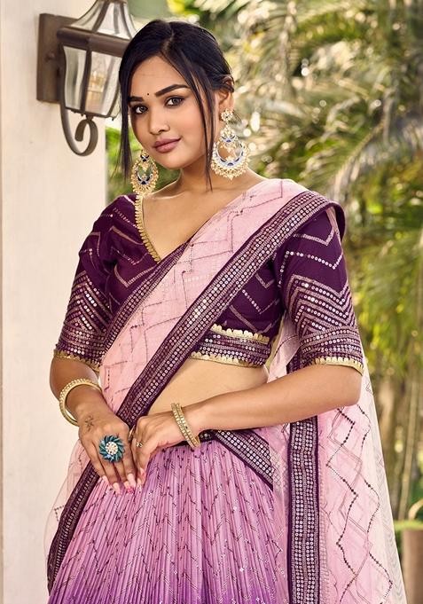 Purple Embroidered Chinon Lehenga Set