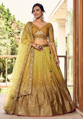 Yellow Embroidered Chinon Lehenga Set