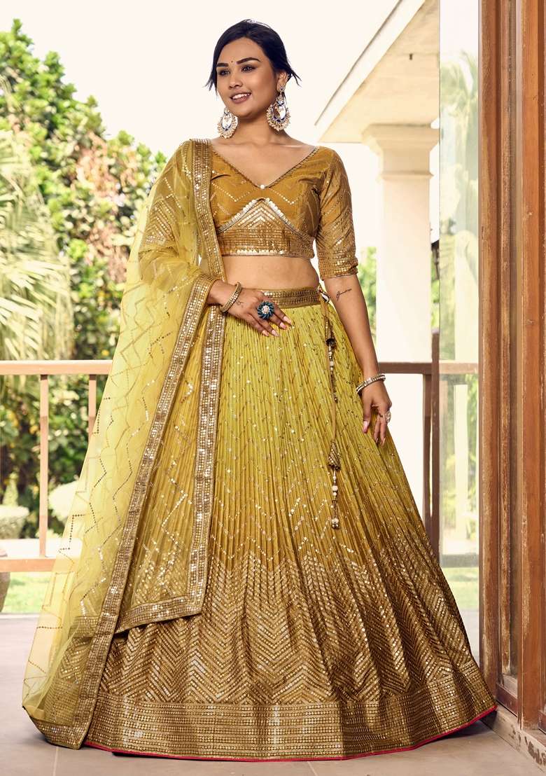 Yellow Embroidered Chinon Lehenga Set for Diwali and Festive Wear - Indya