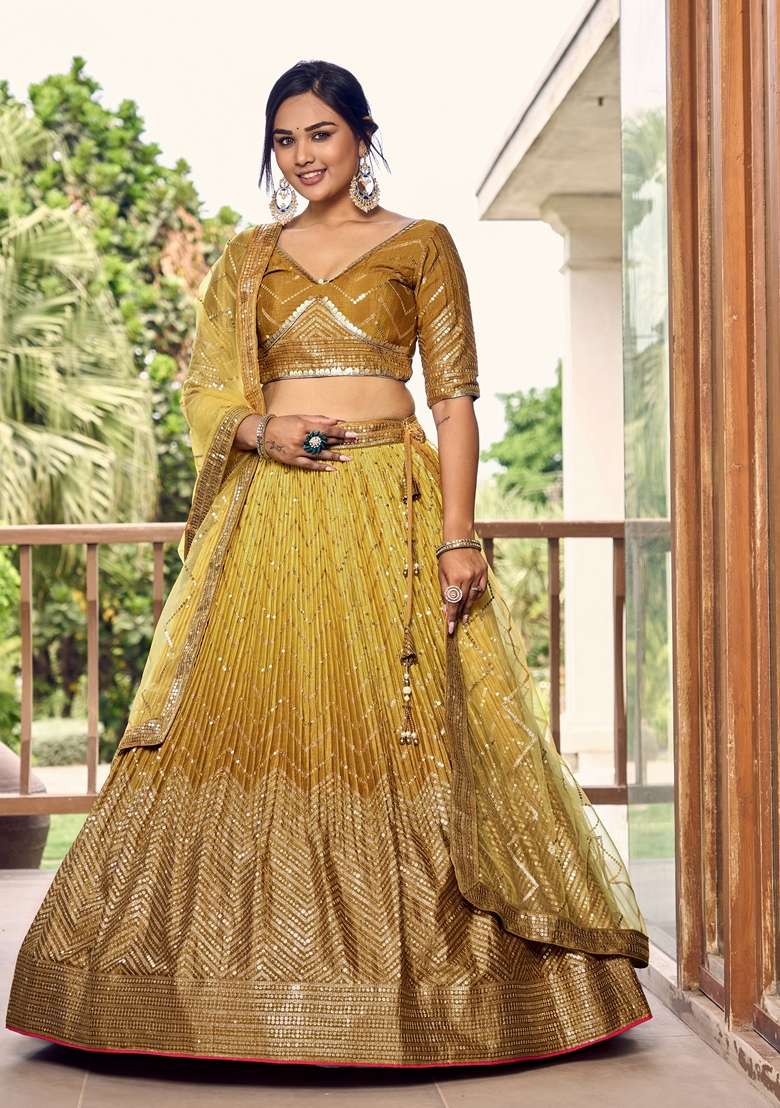 Yellow Embroidered Chinon Lehenga Set for Diwali and Festive Wear - Indya