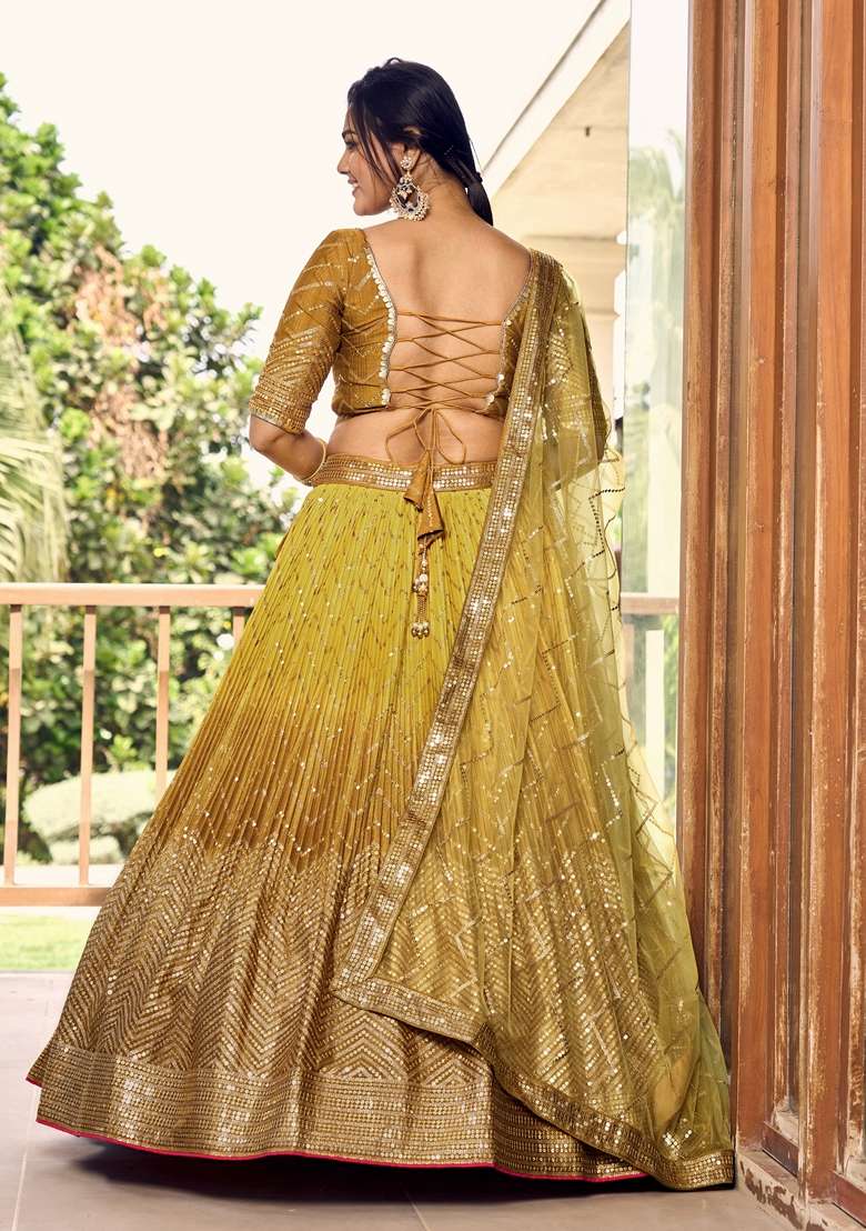 Yellow Embroidered Chinon Lehenga Set for Diwali and Festive Wear - Indya