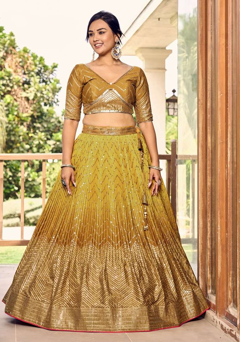 Yellow Embroidered Chinon Lehenga Set for Diwali and Festive Wear - Indya