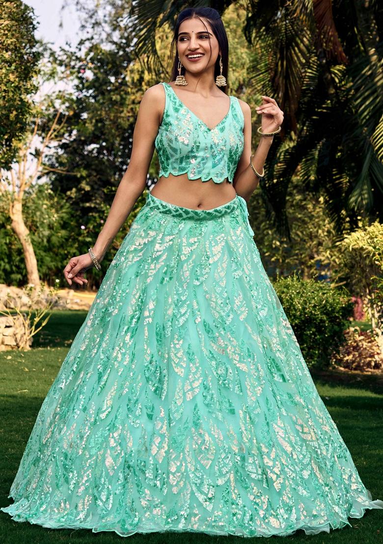 Blue Embroidered Soft Net Lehenga Set