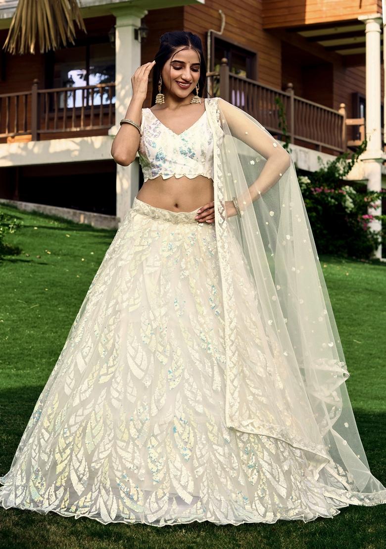 White Embroidered Soft Net Lehenga Set