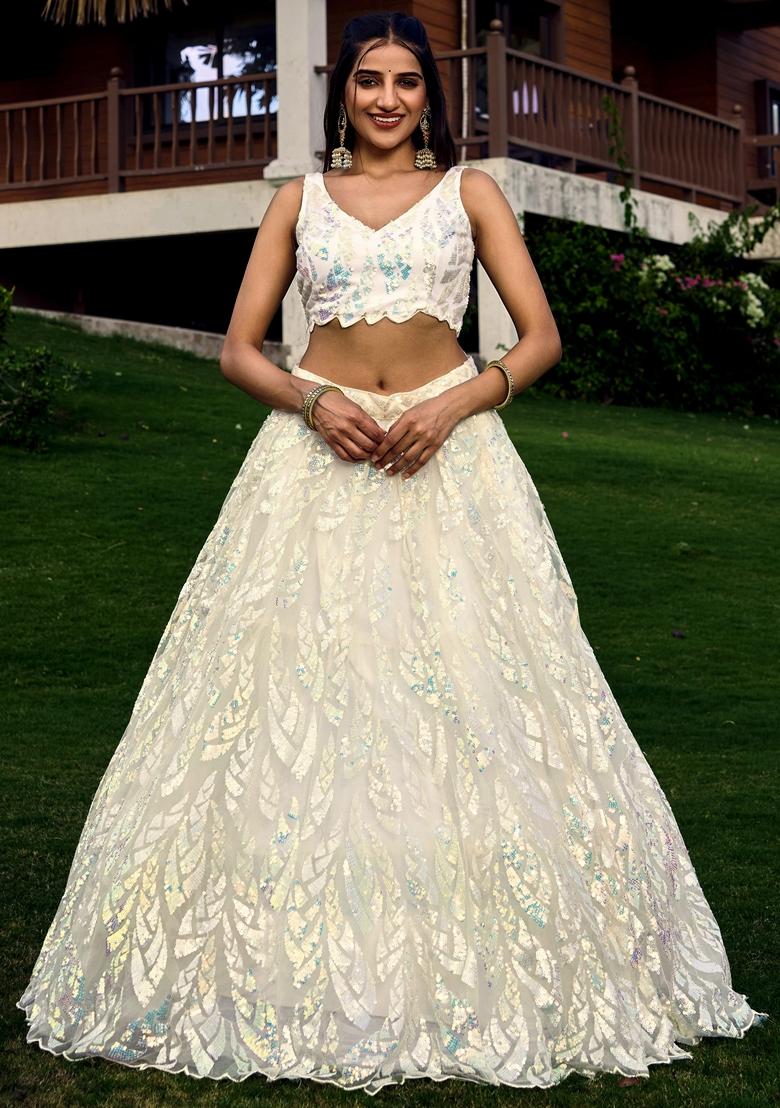 White Embroidered Soft Net Lehenga Set