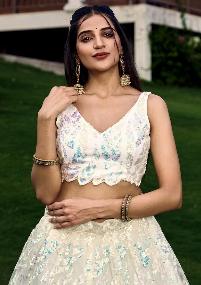 White Embroidered Soft Net Lehenga Set