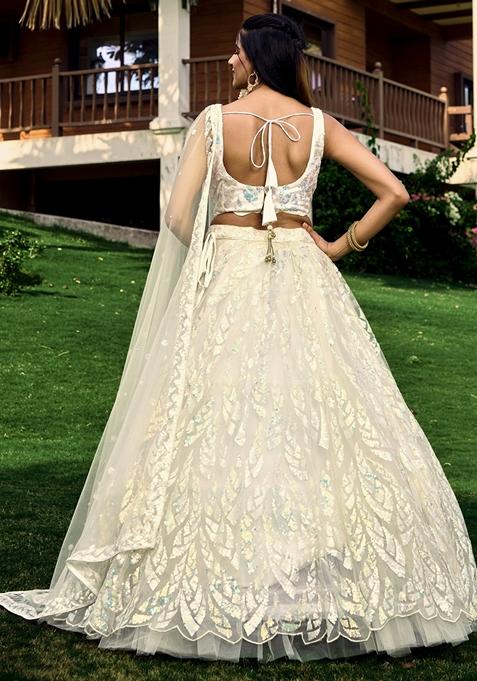 White Embroidered Soft Net Lehenga Set