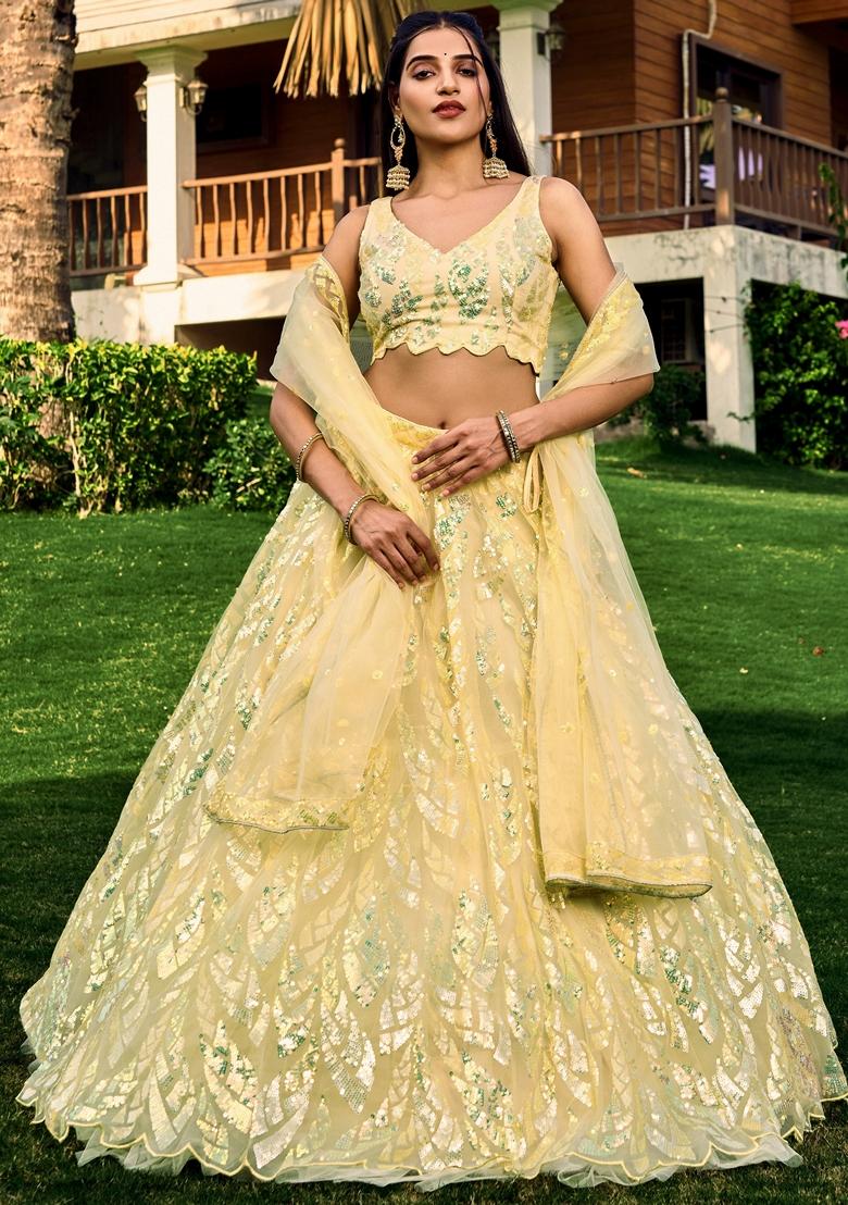 Yellow Embroidered Soft Net Lehenga Set