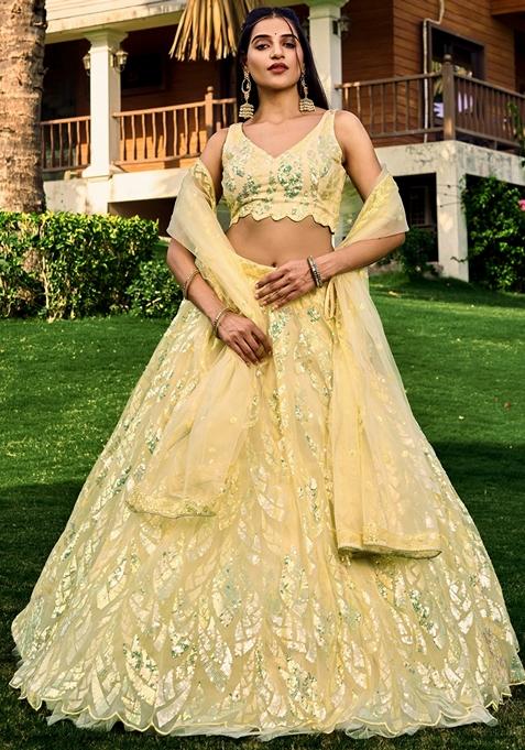 Yellow Embroidered Soft Net Lehenga Set