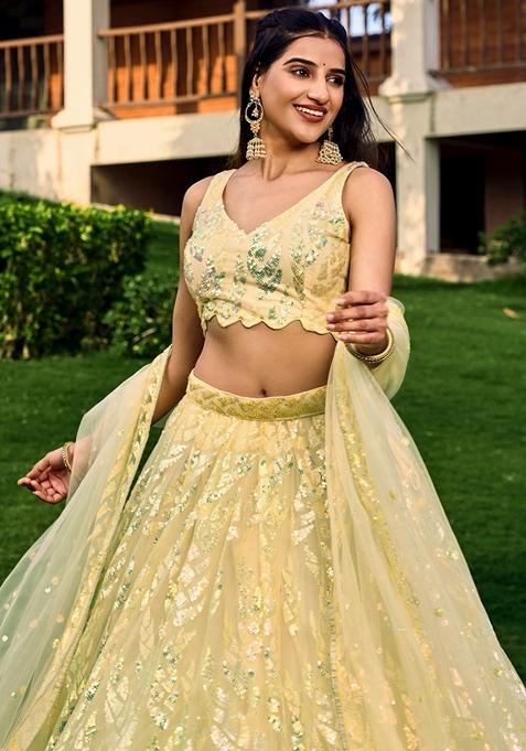 Yellow Embroidered Soft Net Lehenga Set