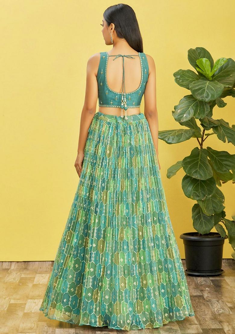 Green Embroidered Organza Lehenga Set