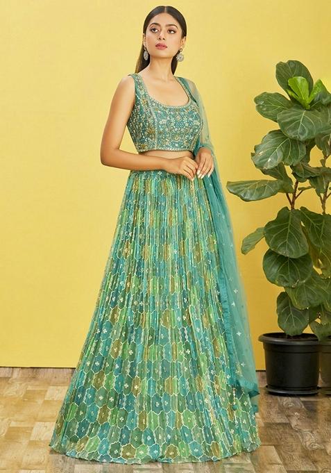 Green Embroidered Organza Lehenga Set