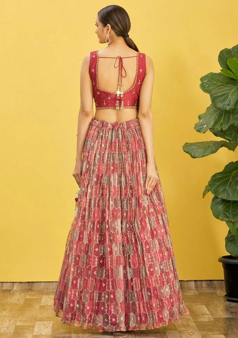 Brown Embroidered Organza Lehenga Set for Diwali and Festive Wear - Indya