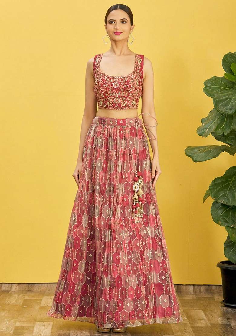 Brown Embroidered Organza Lehenga Set for Diwali and Festive Wear - Indya