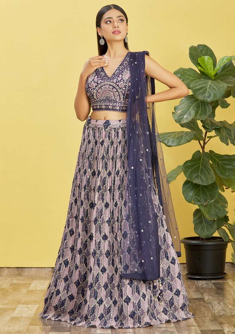 Blue Embroidered Chinon Lehenga Set for Diwali and Festive Wear - Indya
