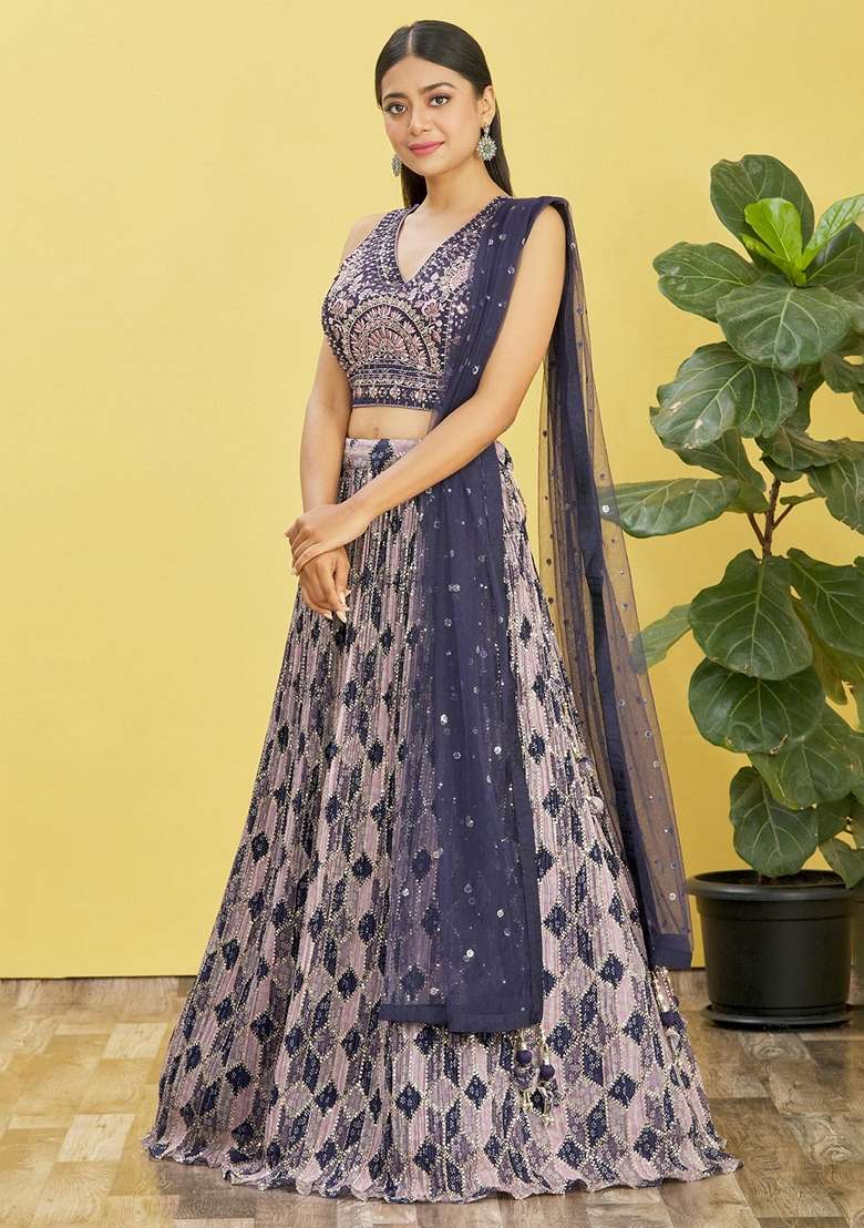 Blue Embroidered Chinon Lehenga Set for Diwali and Festive Wear - Indya