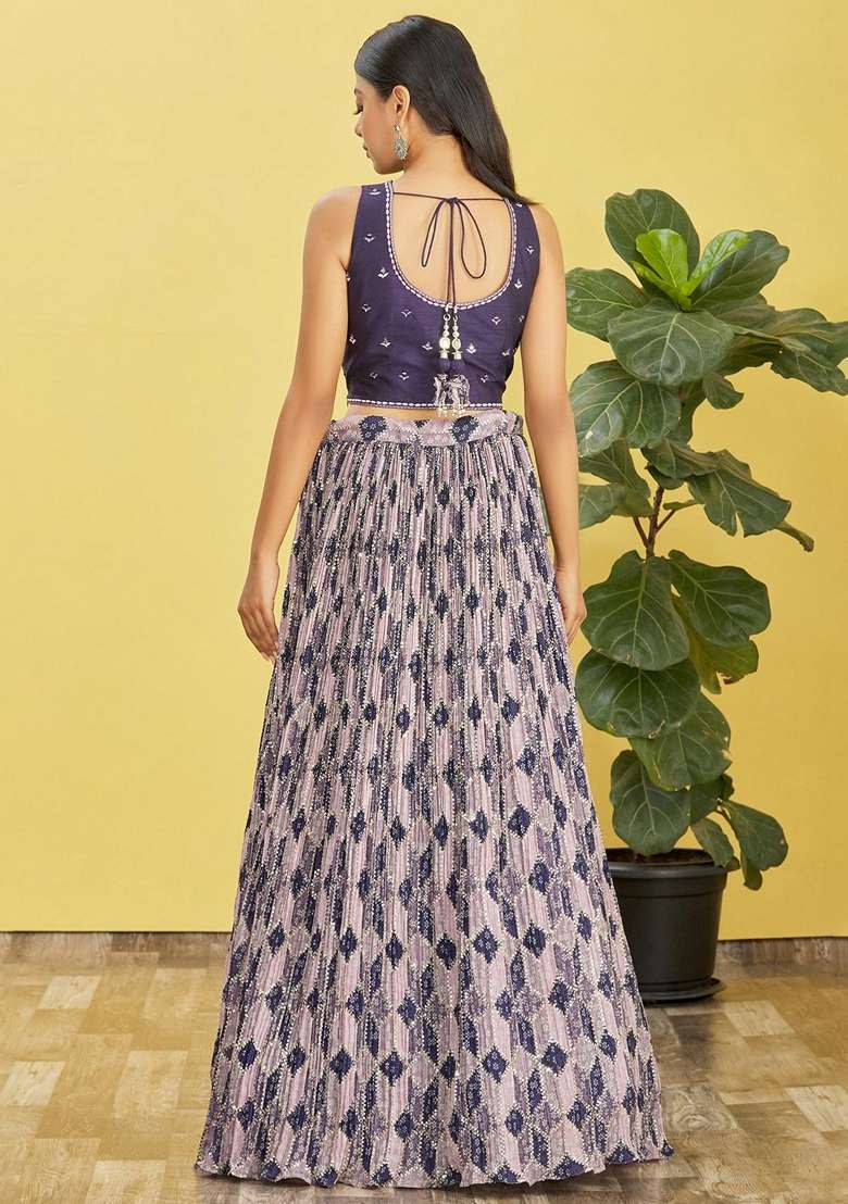 Blue Embroidered Chinon Lehenga Set for Diwali and Festive Wear - Indya