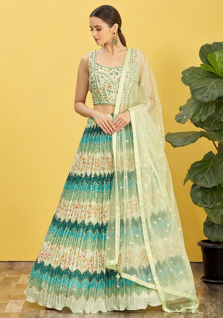Green Embroidered Chinon Lehenga Set