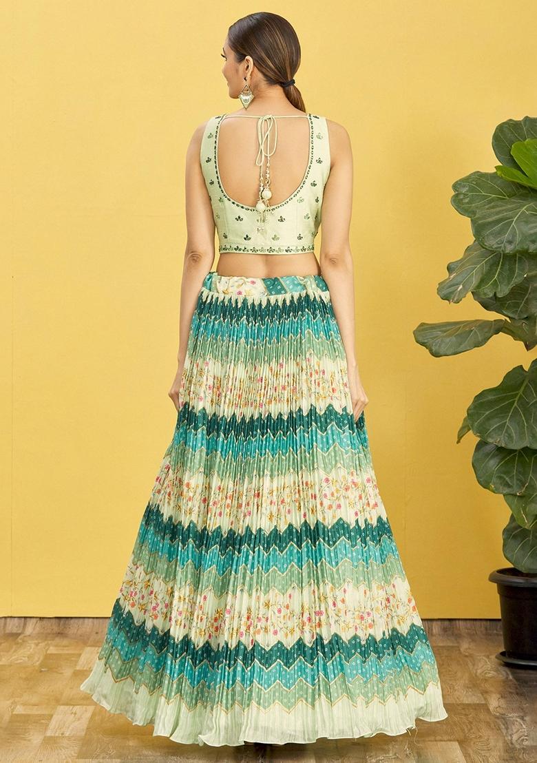 Green Embroidered Chinon Lehenga Set