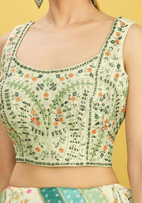 Green Embroidered Chinon Lehenga Set