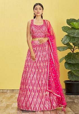 Pink Embroidered Chinon Lehenga Set
