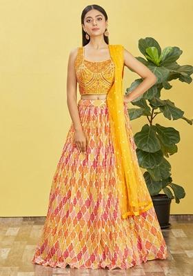 Yellow Embroidered Chinon Lehenga Set
