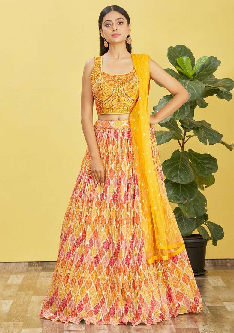 Yellow Embroidered Chinon Lehenga Set for Diwali and Festive Wear - Indya