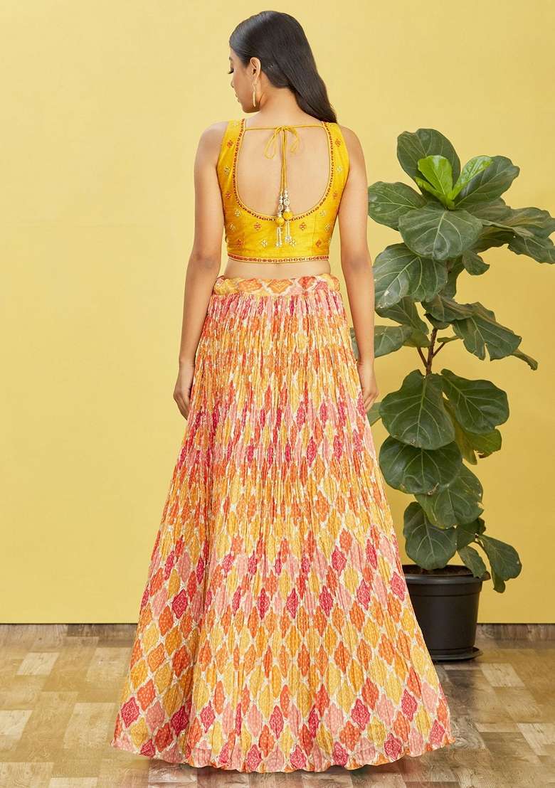 Yellow Embroidered Chinon Lehenga Set for Diwali and Festive Wear - Indya