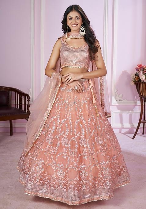 Pink Embroidered Soft Net Lehenga Set