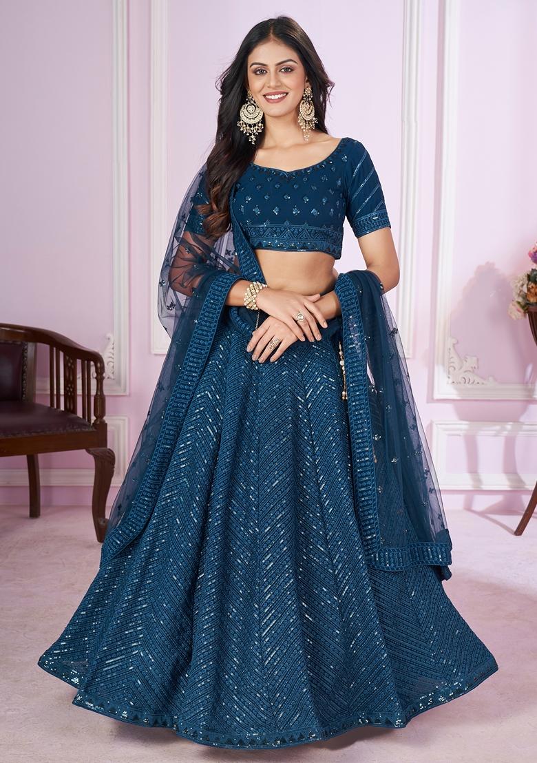 Blue Embroidered Georgette Lehenga Set