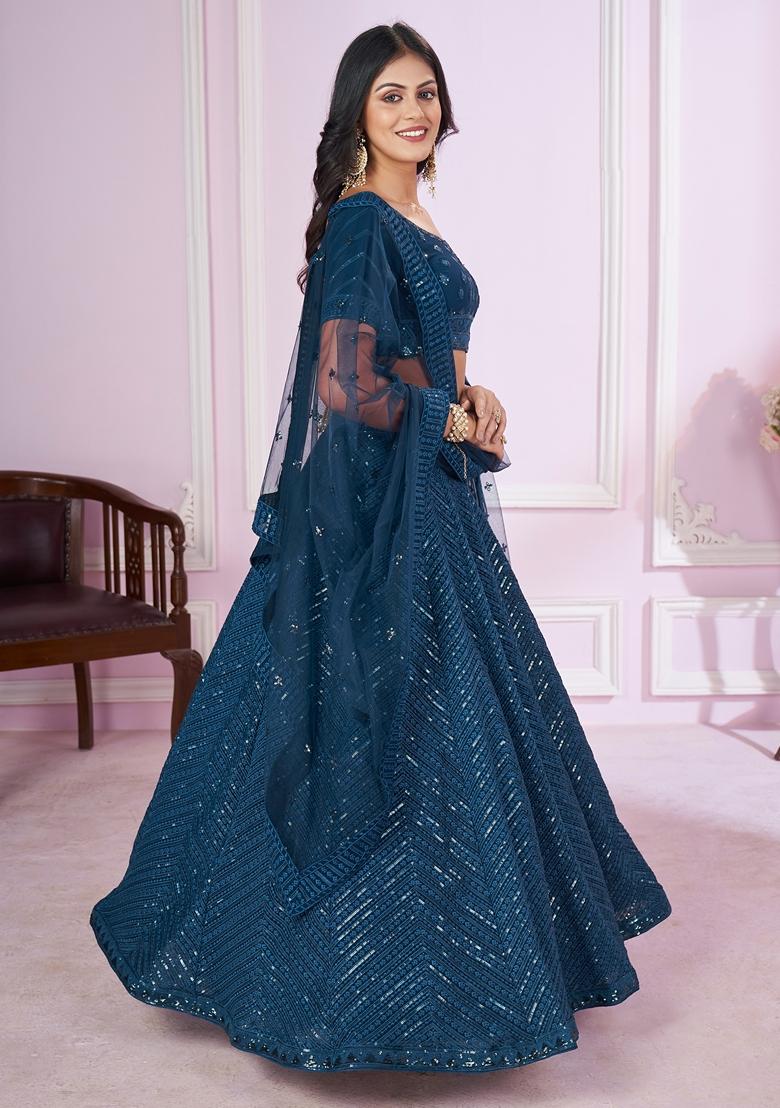 Blue Embroidered Georgette Lehenga Set