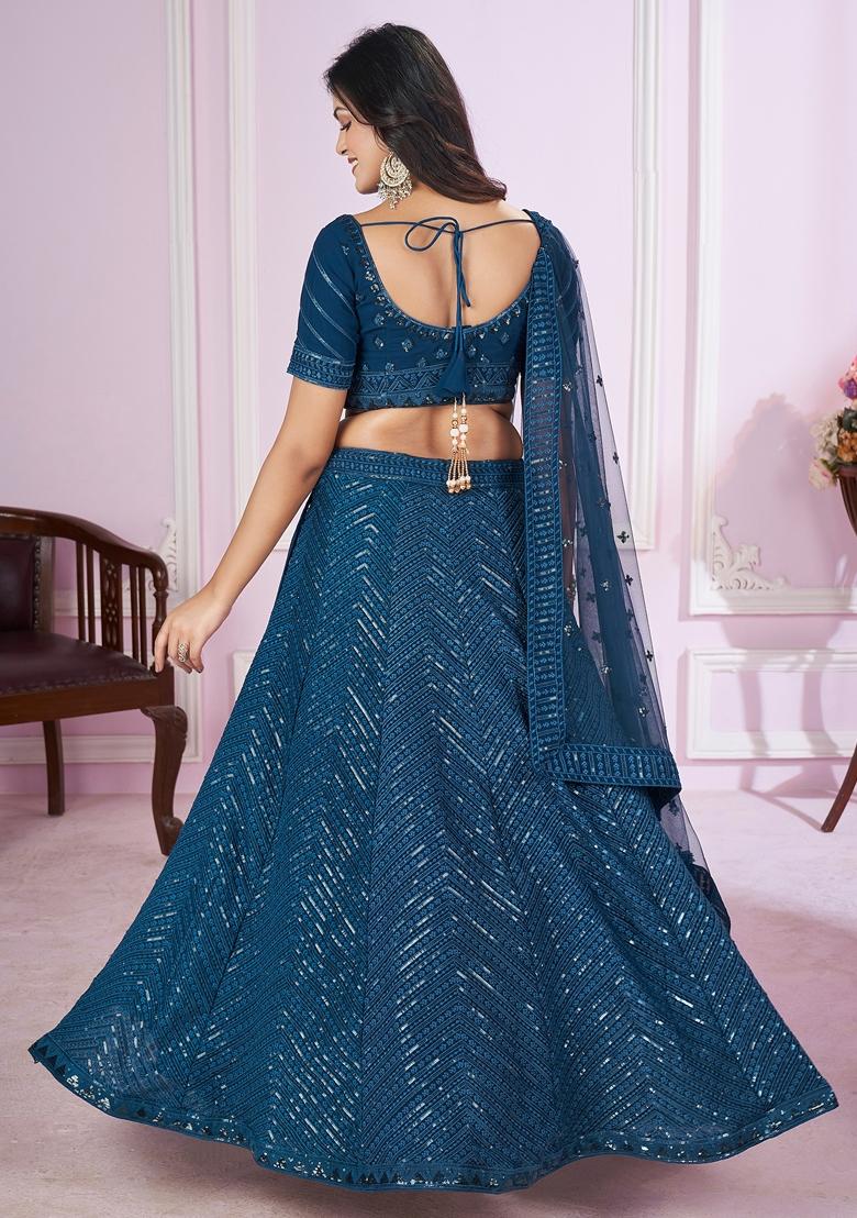 Blue Embroidered Georgette Lehenga Set