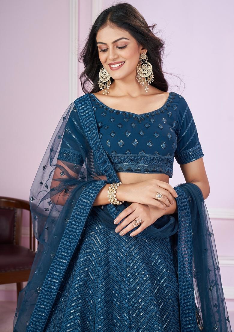Blue Embroidered Georgette Lehenga Set