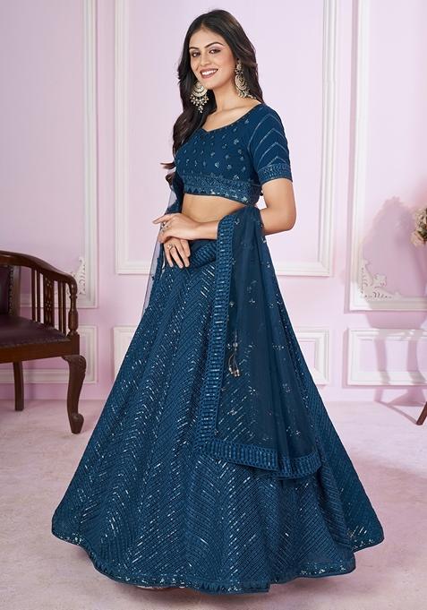 Blue Embroidered Georgette Lehenga Set