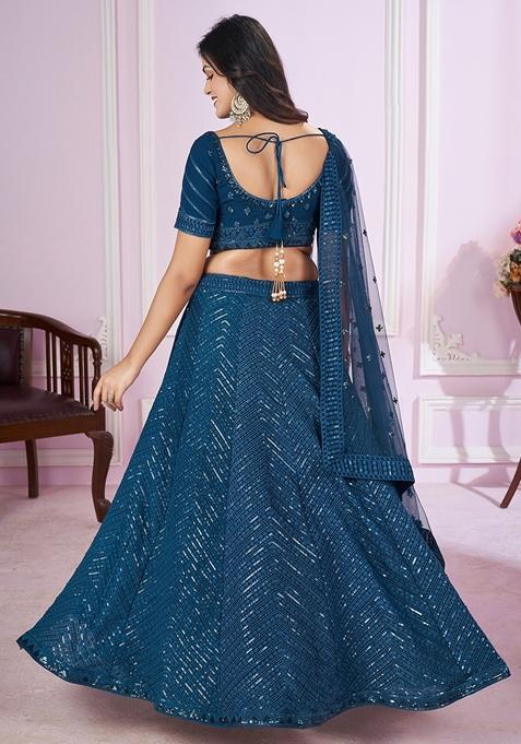 Blue Embroidered Georgette Lehenga Set