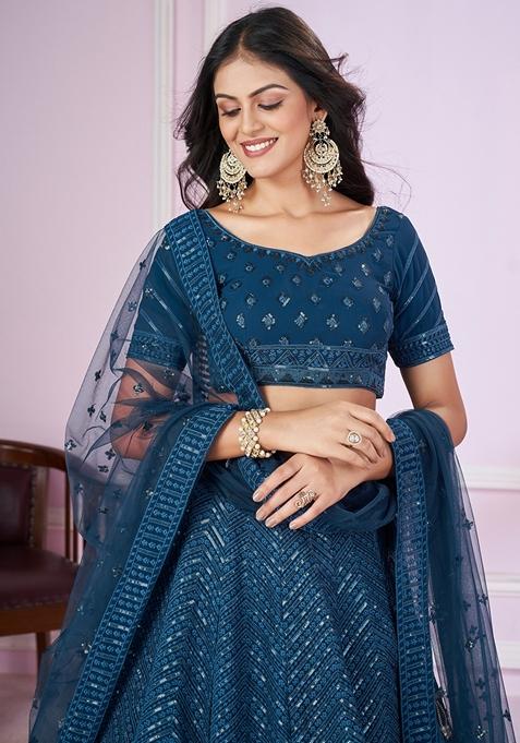 Blue Embroidered Georgette Lehenga Set