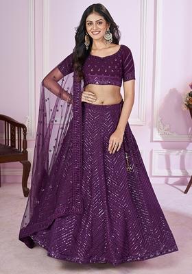 Purple Embroidered Georgette Lehenga Set