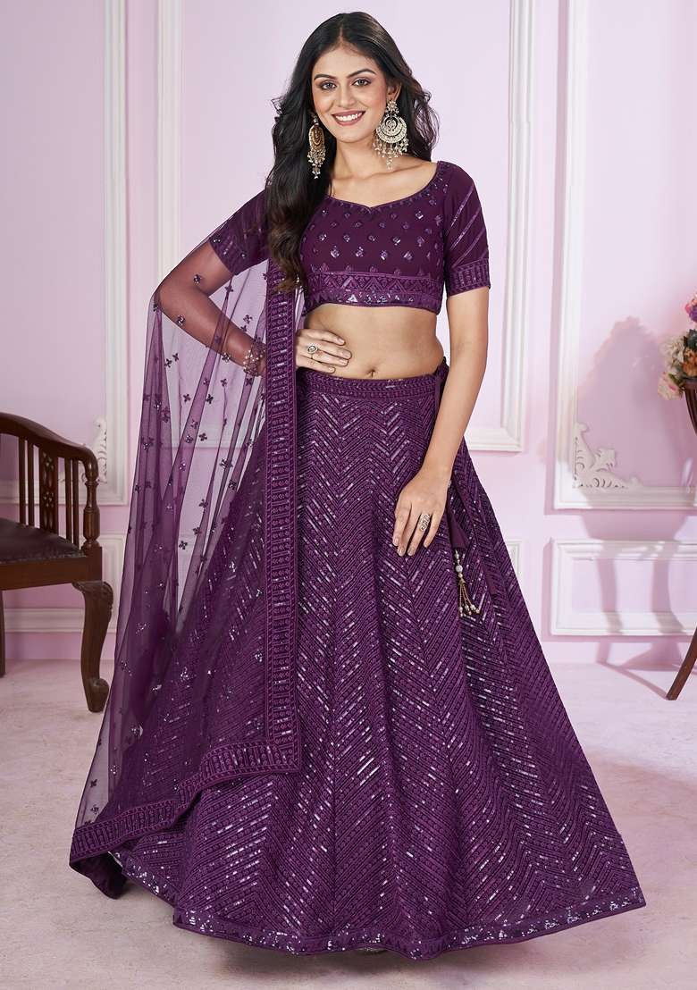 Purple Embroidered Georgette Lehenga Set for Diwali and Festive Wear - Indya