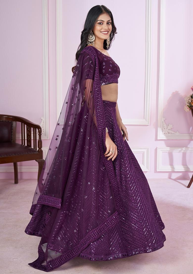 Purple Embroidered Georgette Lehenga Set